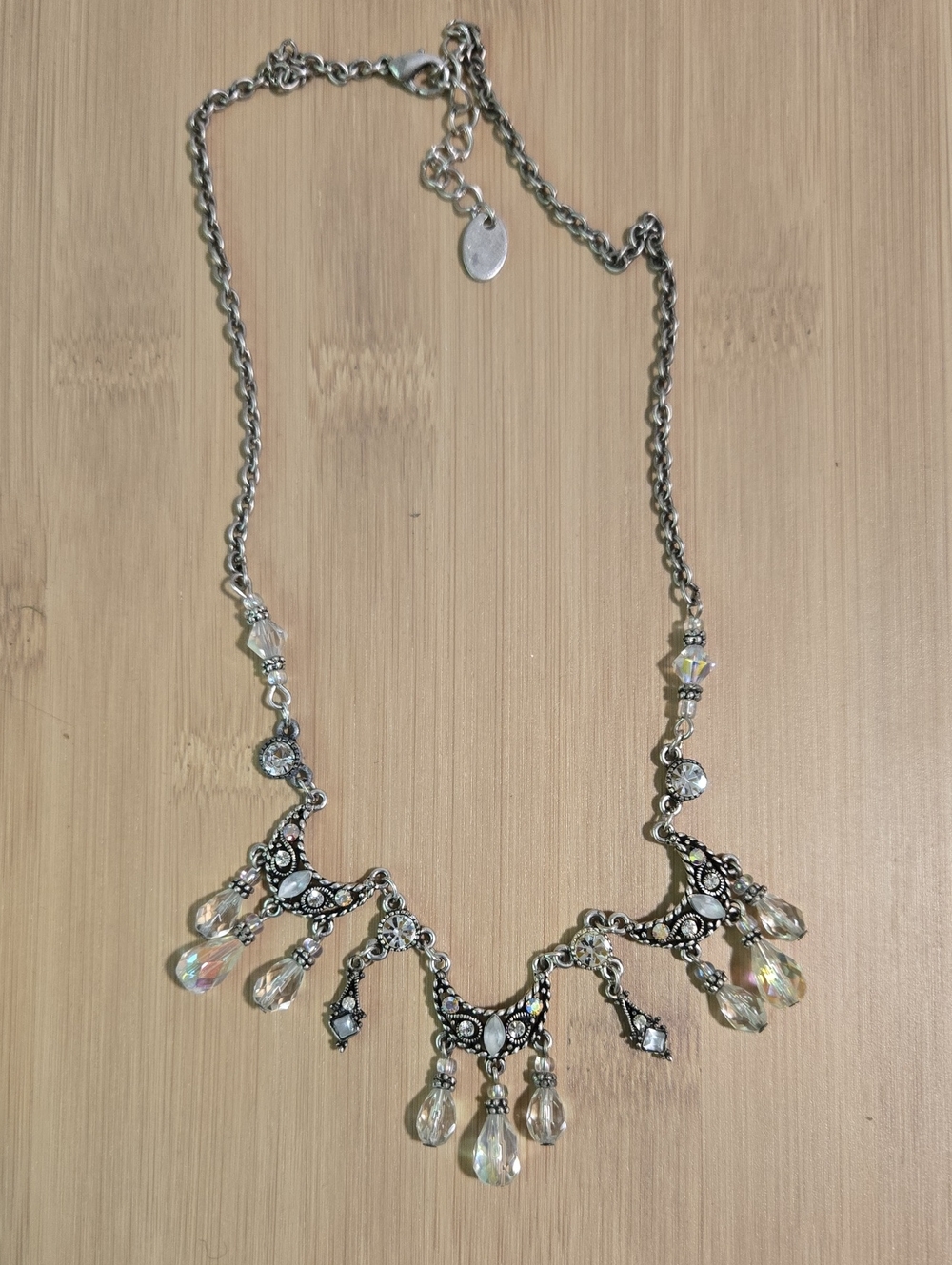 Silver-Tone Crystal Teardrop Statement Necklace - Iridescent